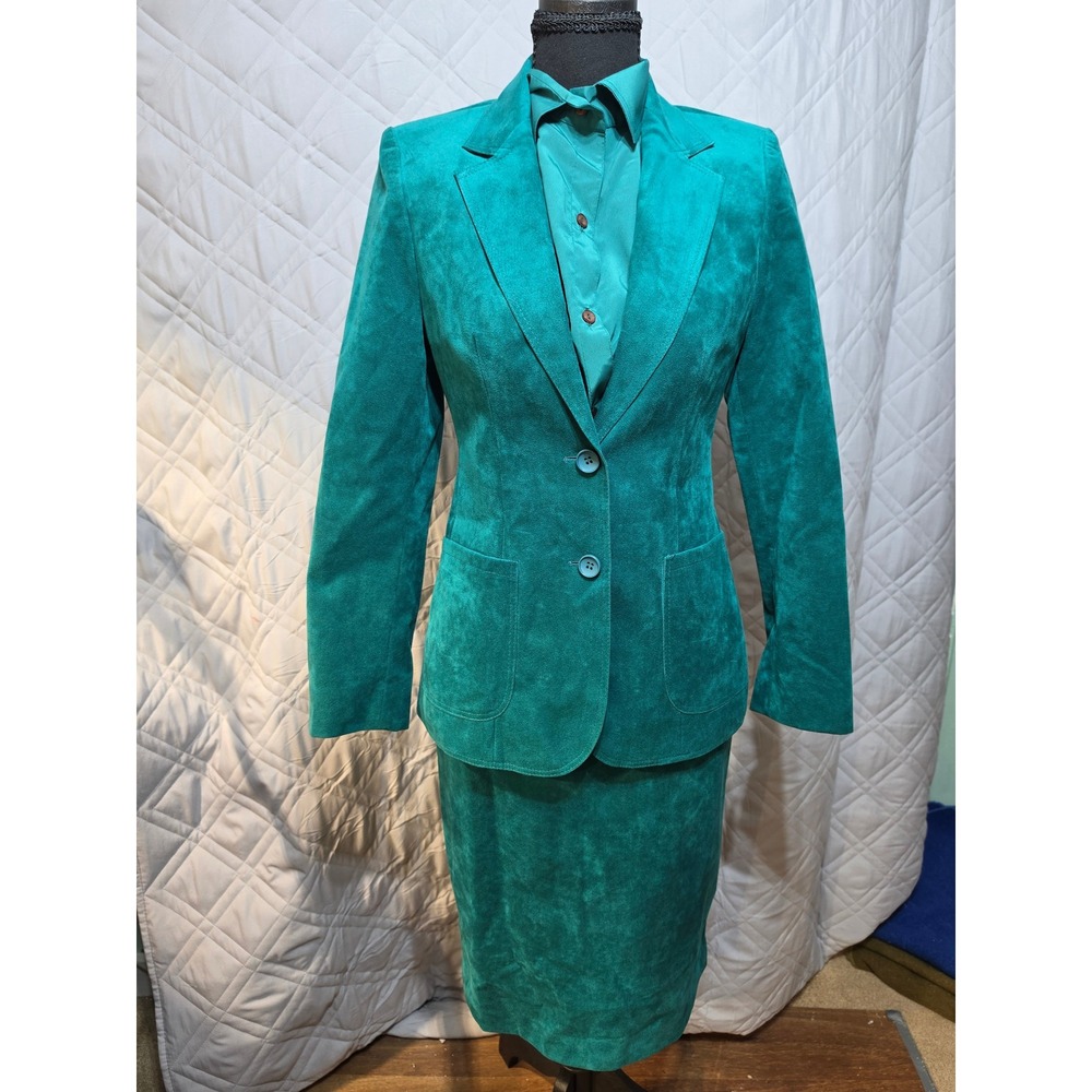 Adolph Schuman for Lilli Ann Vintage 3pc Ultrasuede Skirt Suit Set Teal Green 8